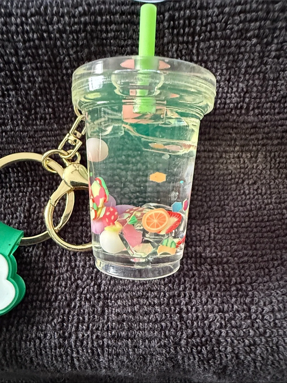 Green 'Sweet Heart' Silicone Wrist Keychain with Clear Drink Charm Keyring